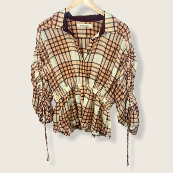 Free People Pacific Dawn Plaid Shirt Drawstring Size Small Brown Boho Top Button - Picture 3 of 11